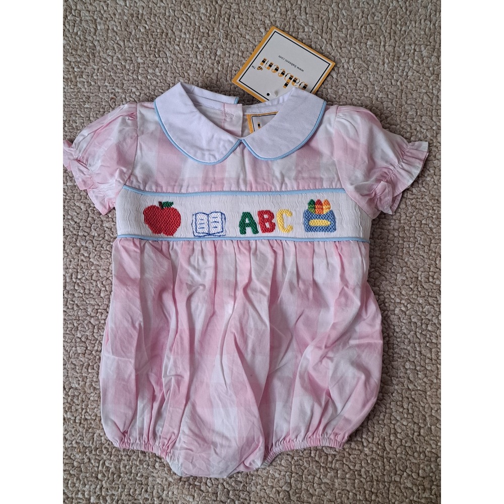 Babeeni Pink Gingham Smocked ABC School Bubble Romper 9M NWT